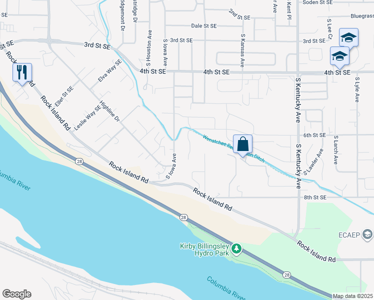 map of restaurants, bars, coffee shops, grocery stores, and more near 606 South James Avenue in East Wenatchee