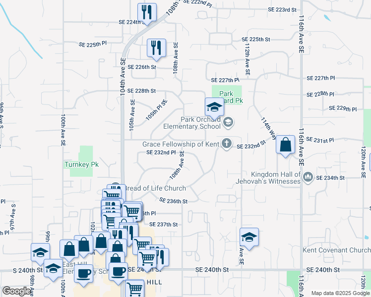 map of restaurants, bars, coffee shops, grocery stores, and more near 10804 Southeast 232nd Place in Kent