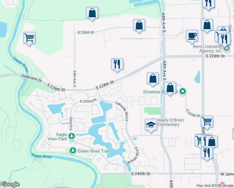 map of restaurants, bars, coffee shops, grocery stores, and more near 5821 South 232nd Place in Kent