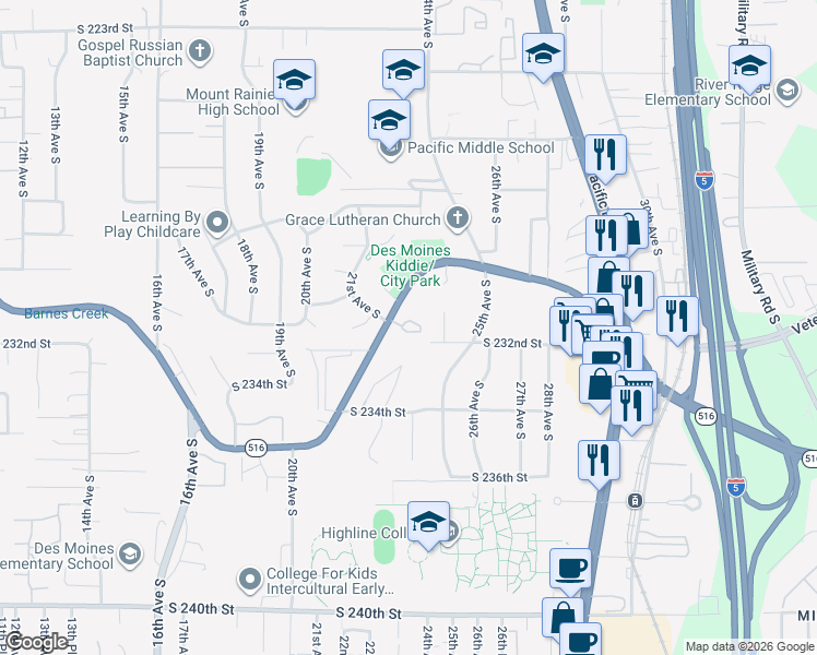 map of restaurants, bars, coffee shops, grocery stores, and more near 2087 Kent Des Moines Road in Seattle