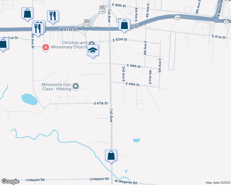 map of restaurants, bars, coffee shops, grocery stores, and more near 4522 1st Avenue in Hibbing