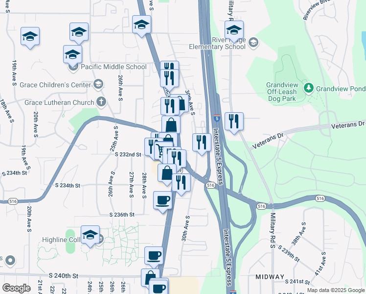 map of restaurants, bars, coffee shops, grocery stores, and more near 23040 Pacific Highway South in Des Moines