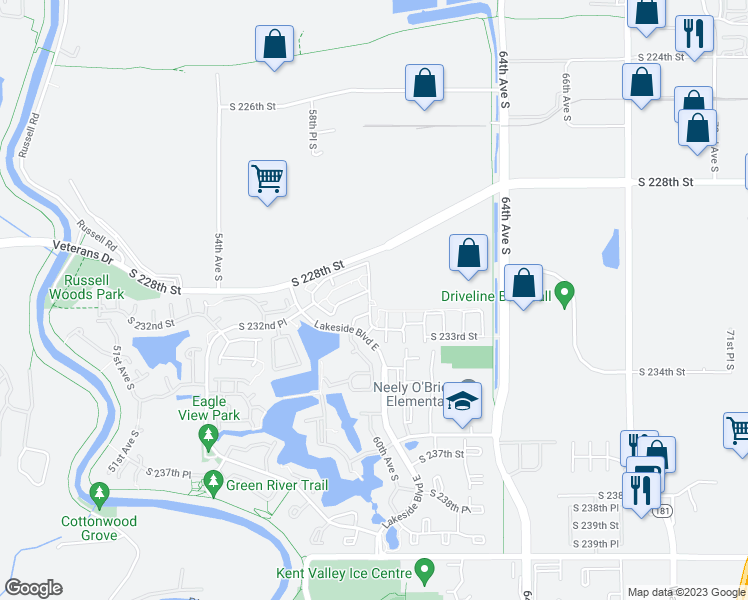 map of restaurants, bars, coffee shops, grocery stores, and more near 5924 South 232nd Court in Kent