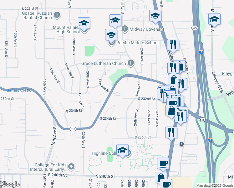 map of restaurants, bars, coffee shops, grocery stores, and more near 2087 Kent Des Moines Road in Seattle