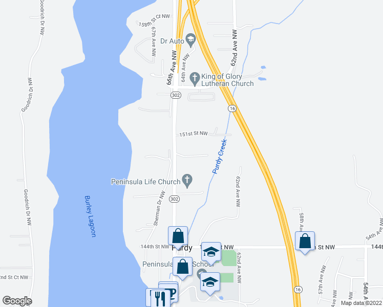 map of restaurants, bars, coffee shops, grocery stores, and more near 6413 149th Street Court Northwest in Gig Harbor