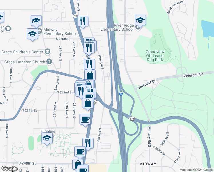 map of restaurants, bars, coffee shops, grocery stores, and more near 23100 Pacific Highway South in Des Moines