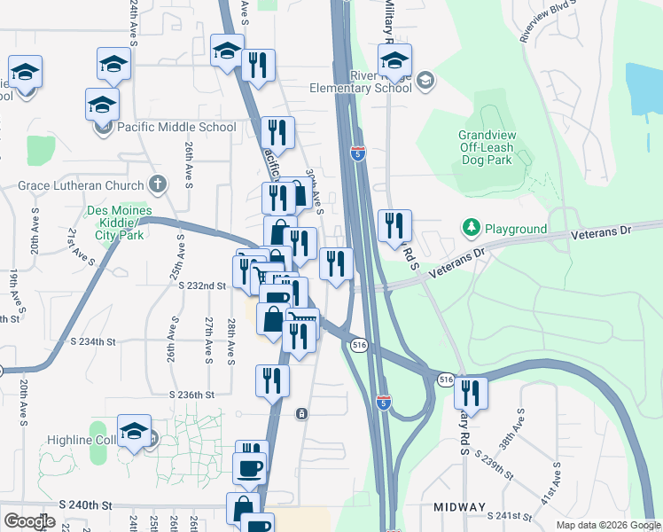 map of restaurants, bars, coffee shops, grocery stores, and more near 23100 Pacific Highway South in Des Moines