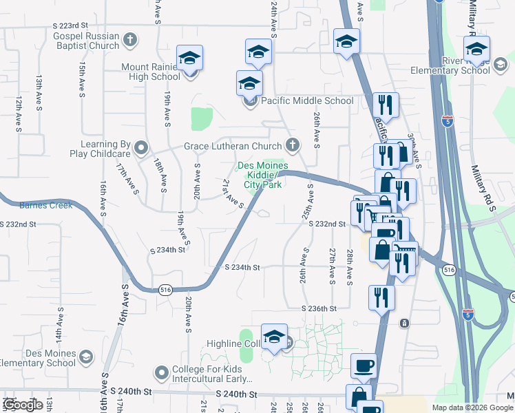 map of restaurants, bars, coffee shops, grocery stores, and more near 2087 Kent Des Moines Road in Seattle