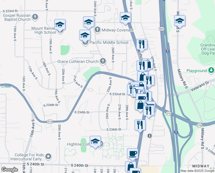 map of restaurants, bars, coffee shops, grocery stores, and more near 23185 25th Avenue South in Des Moines