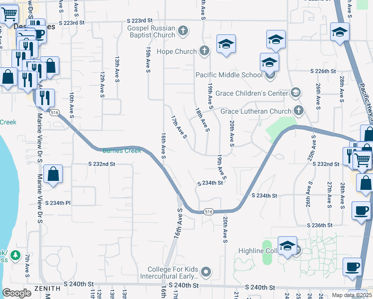 map of restaurants, bars, coffee shops, grocery stores, and more near 23239 17th Place South in Des Moines