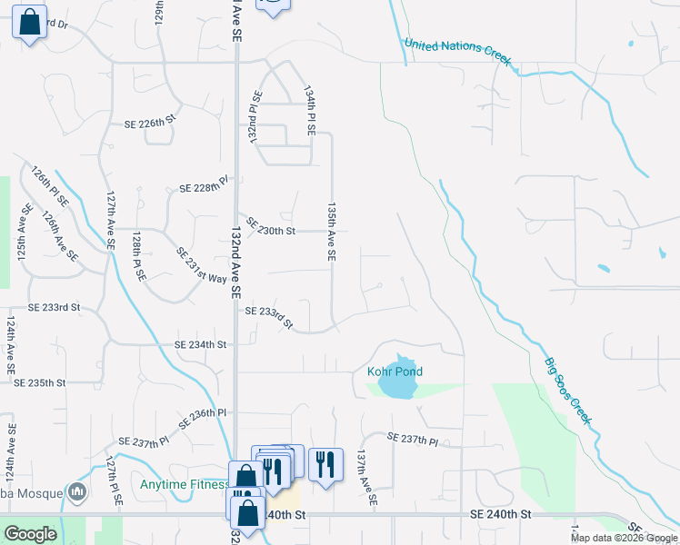 map of restaurants, bars, coffee shops, grocery stores, and more near 23100 135th Avenue Southeast in Kent