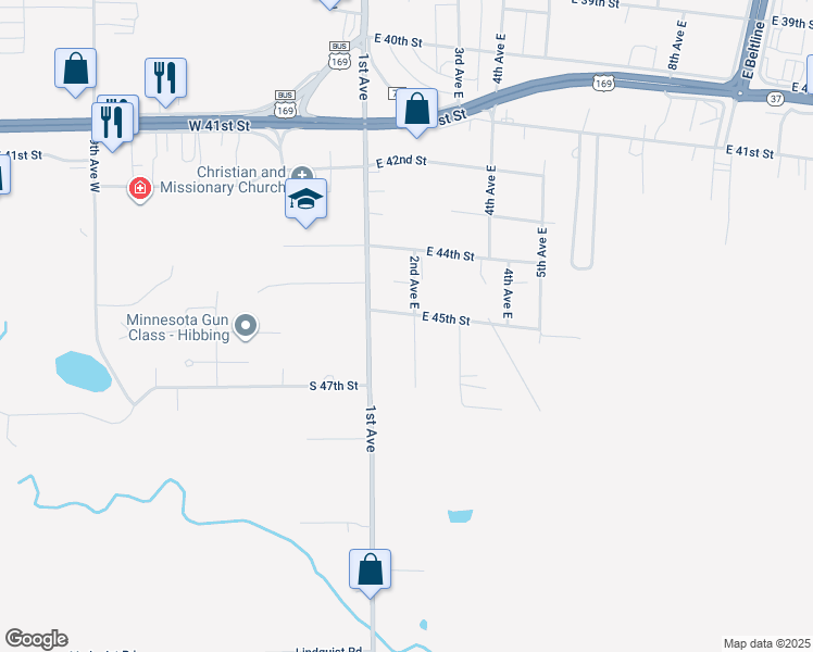 map of restaurants, bars, coffee shops, grocery stores, and more near 4522 1st Avenue in Hibbing