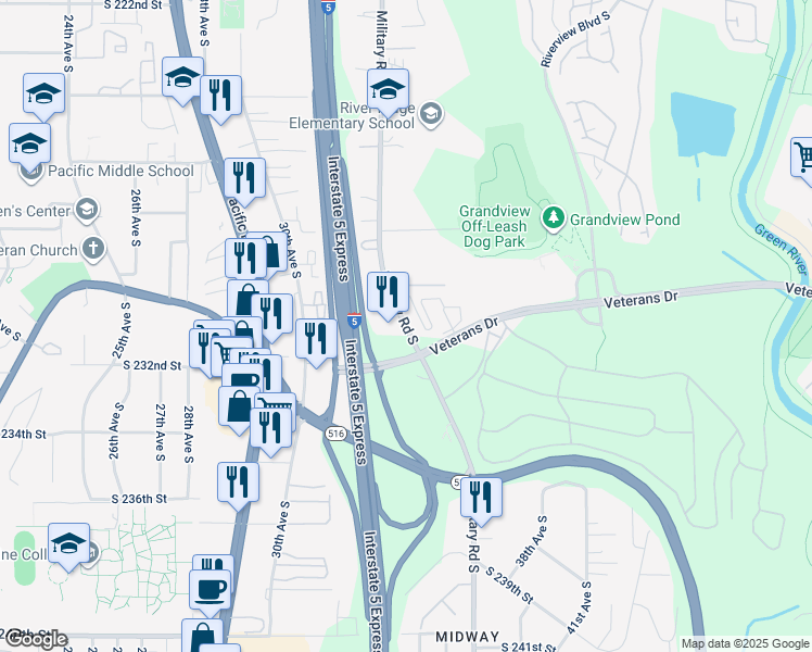 map of restaurants, bars, coffee shops, grocery stores, and more near 3427 South 229th Place in SeaTac