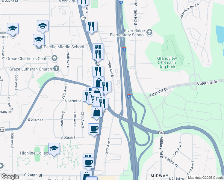 map of restaurants, bars, coffee shops, grocery stores, and more near 22921 30th Avenue South in Des Moines
