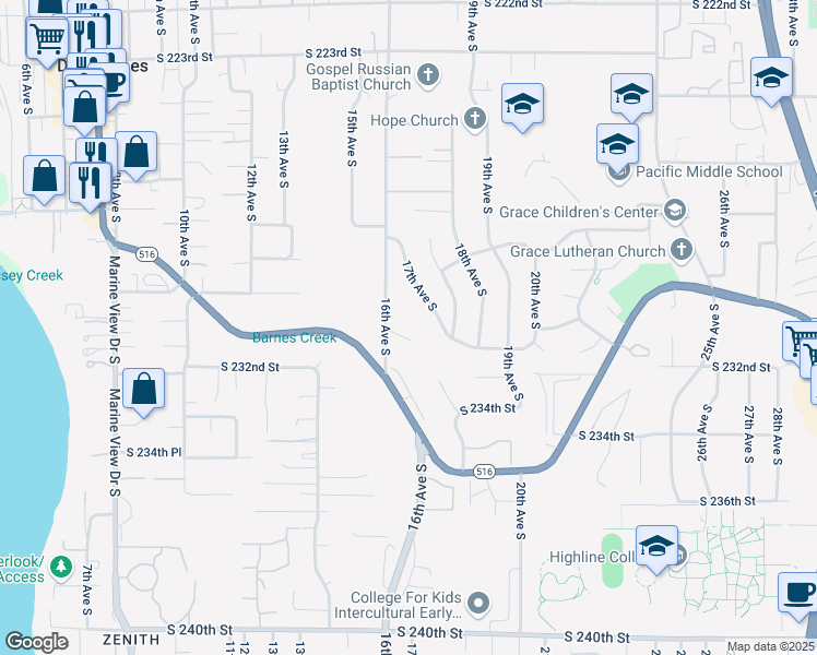 map of restaurants, bars, coffee shops, grocery stores, and more near 23008 16th Avenue South in Des Moines