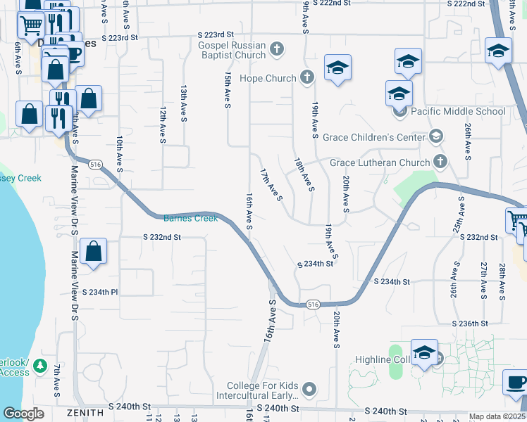 map of restaurants, bars, coffee shops, grocery stores, and more near 23008 16th Avenue South in Des Moines