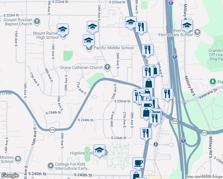 map of restaurants, bars, coffee shops, grocery stores, and more near 23047 25th Avenue South in Des Moines
