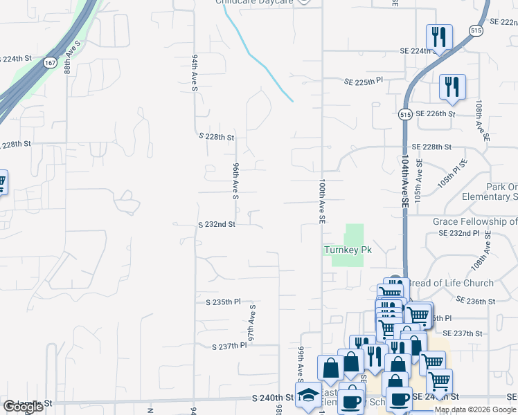 map of restaurants, bars, coffee shops, grocery stores, and more near 9709 South 230th Place in Kent