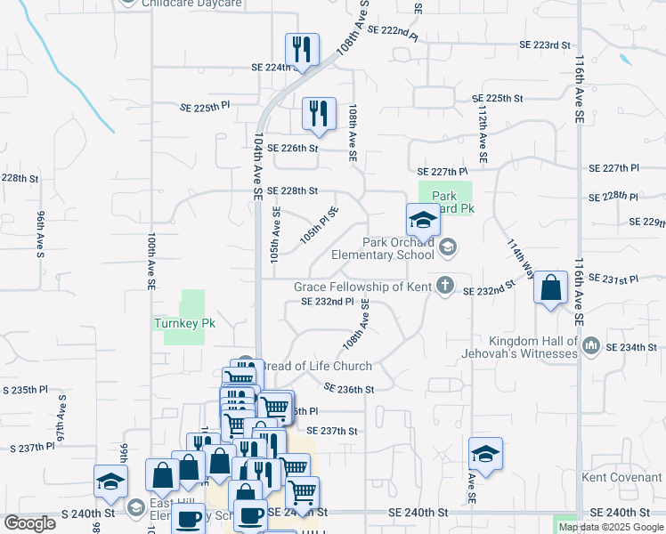 map of restaurants, bars, coffee shops, grocery stores, and more near 22911 106th Place Southeast in Kent