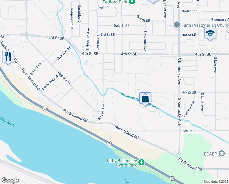 map of restaurants, bars, coffee shops, grocery stores, and more near 548 South James Avenue in East Wenatchee