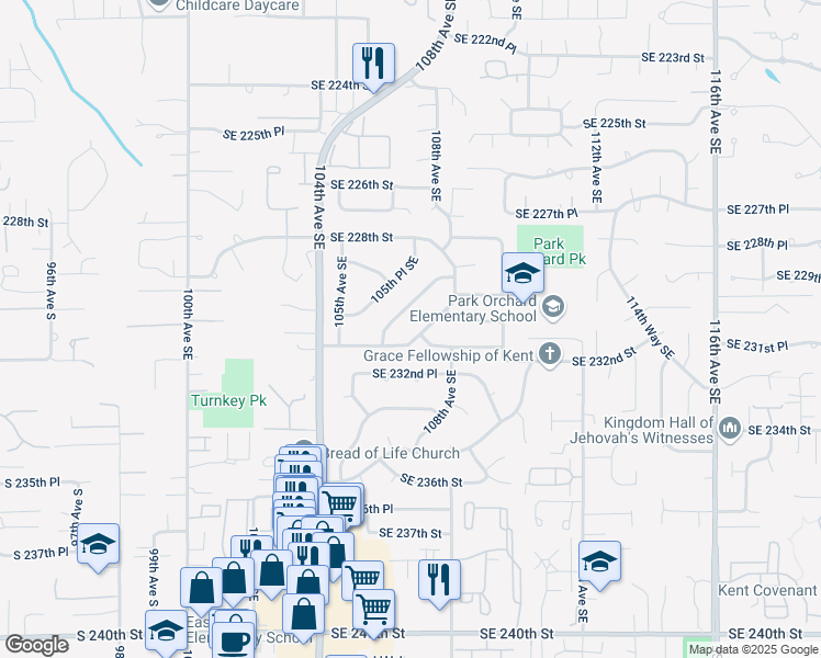 map of restaurants, bars, coffee shops, grocery stores, and more near 22911 106th Place Southeast in Kent