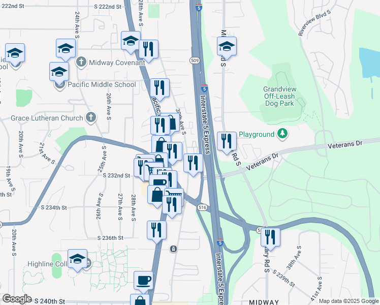 map of restaurants, bars, coffee shops, grocery stores, and more near 22921 30th Avenue South in Des Moines