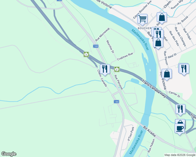 map of restaurants, bars, coffee shops, grocery stores, and more near 919 Chemin Canada in Edmundston