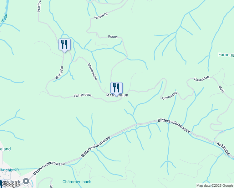 map of restaurants, bars, coffee shops, grocery stores, and more near 50 Manzenhub in Wila