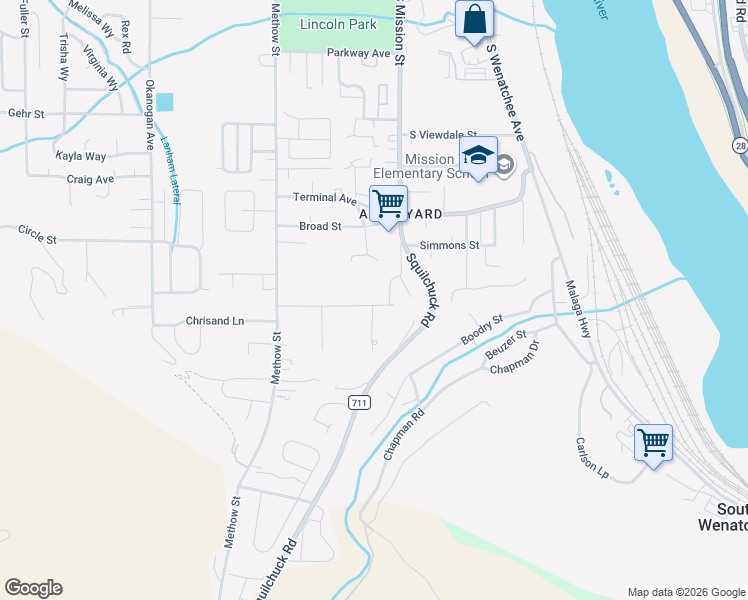 map of restaurants, bars, coffee shops, grocery stores, and more near 1800 South Mission Street in Wenatchee