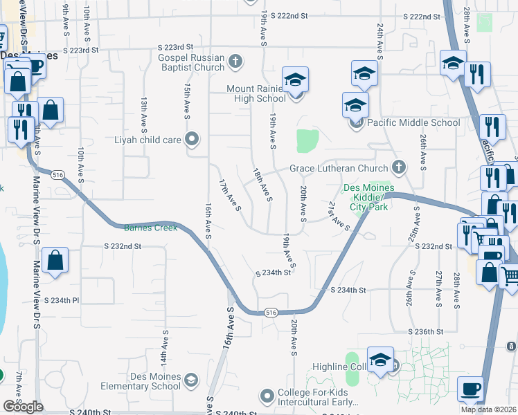 map of restaurants, bars, coffee shops, grocery stores, and more near 23034 Thunderbird Drive South in Des Moines