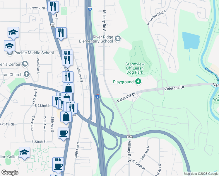 map of restaurants, bars, coffee shops, grocery stores, and more near 3427 South 229th Place in SeaTac