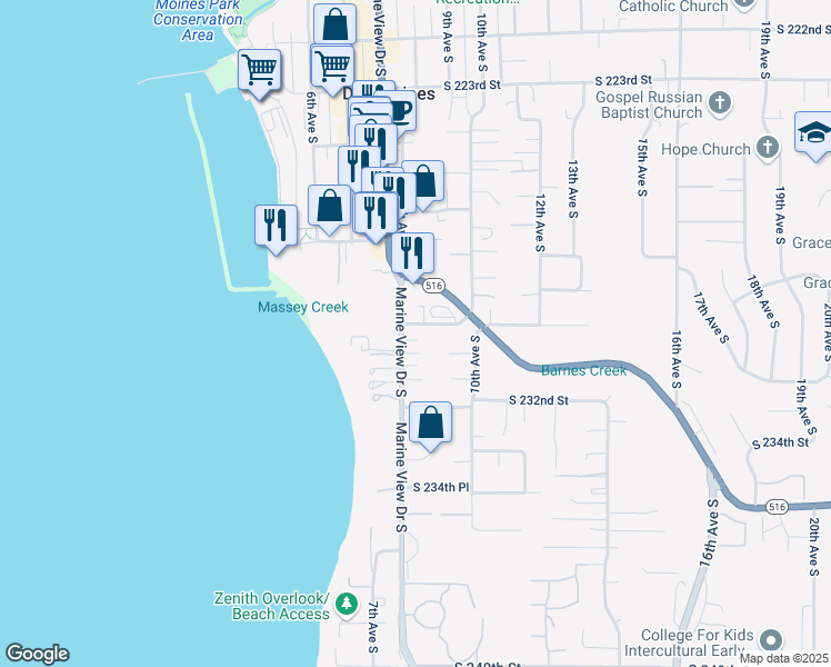 map of restaurants, bars, coffee shops, grocery stores, and more near 23008 Marine View Drive South in Des Moines