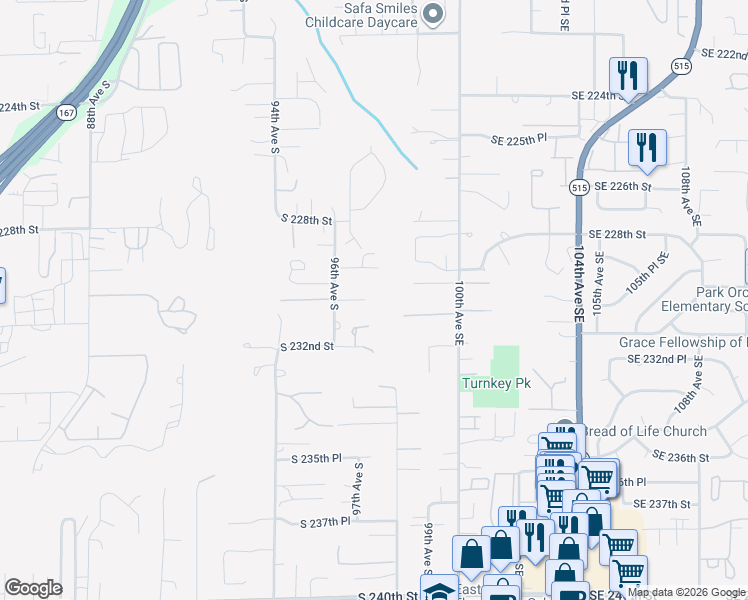 map of restaurants, bars, coffee shops, grocery stores, and more near 9709 South 230th Place in Kent