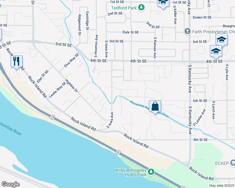map of restaurants, bars, coffee shops, grocery stores, and more near 548 South James Avenue in East Wenatchee