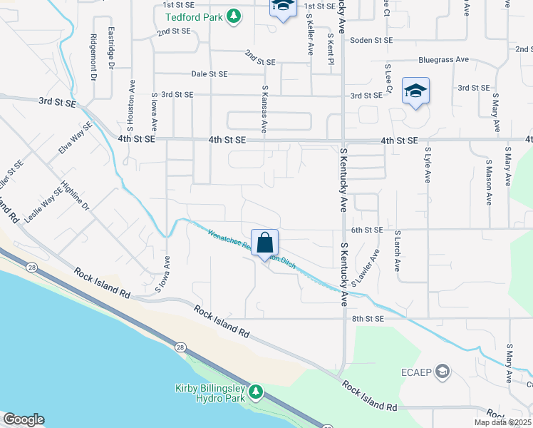 map of restaurants, bars, coffee shops, grocery stores, and more near 1376 Southeast Jean Street in East Wenatchee