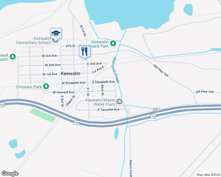map of restaurants, bars, coffee shops, grocery stores, and more near 218 East Howard Avenue in Keewatin