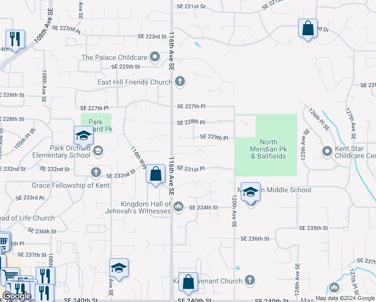 map of restaurants, bars, coffee shops, grocery stores, and more near 11636 Southeast 230th Place in Kent
