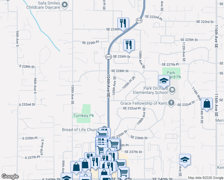map of restaurants, bars, coffee shops, grocery stores, and more near 23005 105th Avenue Southeast in Kent