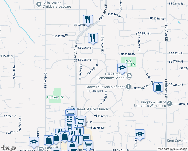 map of restaurants, bars, coffee shops, grocery stores, and more near 22911 106th Place Southeast in Kent