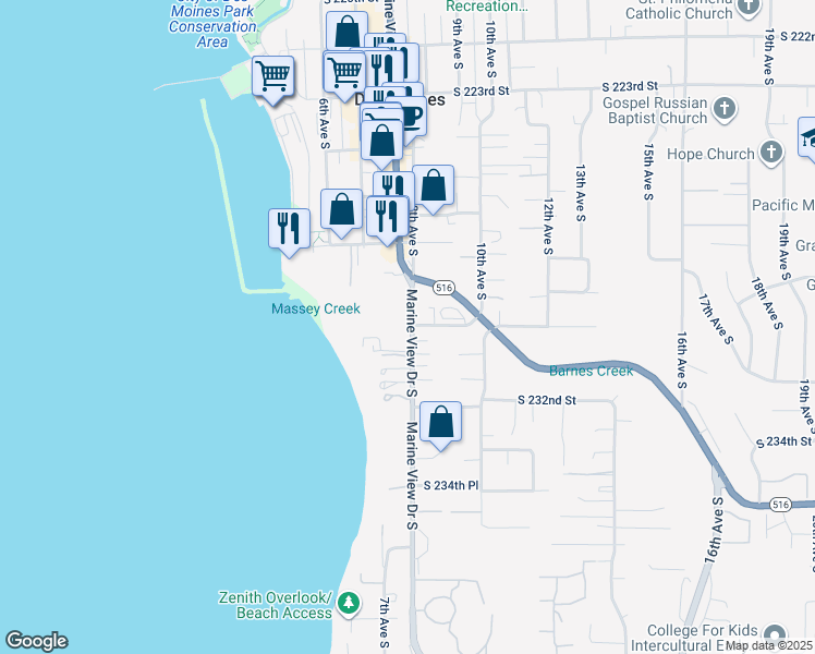 map of restaurants, bars, coffee shops, grocery stores, and more near 23008 Marine View Drive South in Des Moines