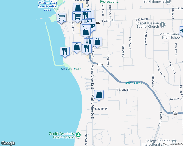 map of restaurants, bars, coffee shops, grocery stores, and more near 23001 Marine View Drive South in Des Moines