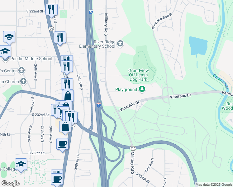 map of restaurants, bars, coffee shops, grocery stores, and more near 3427 South 229th Place in SeaTac