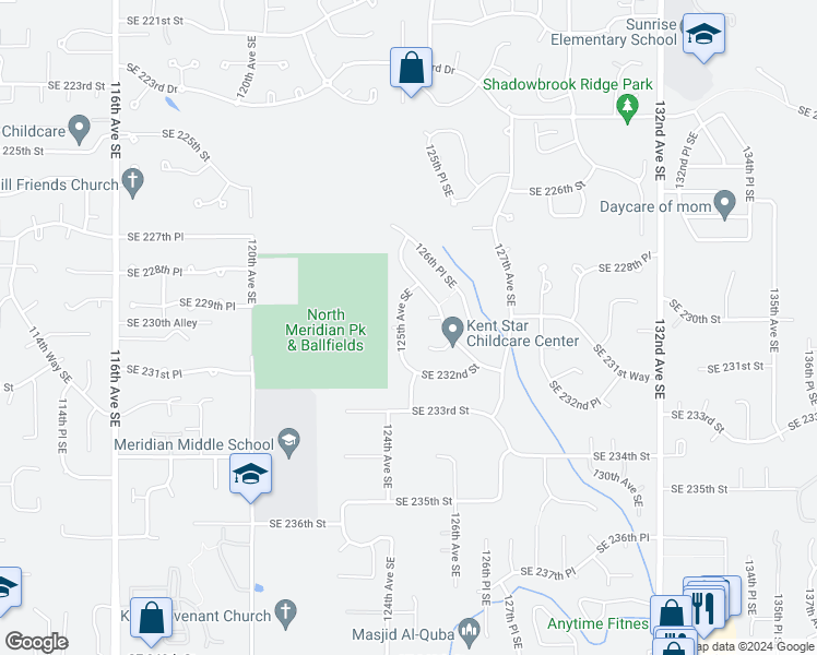 map of restaurants, bars, coffee shops, grocery stores, and more near 23000 125th Avenue Southeast in Kent