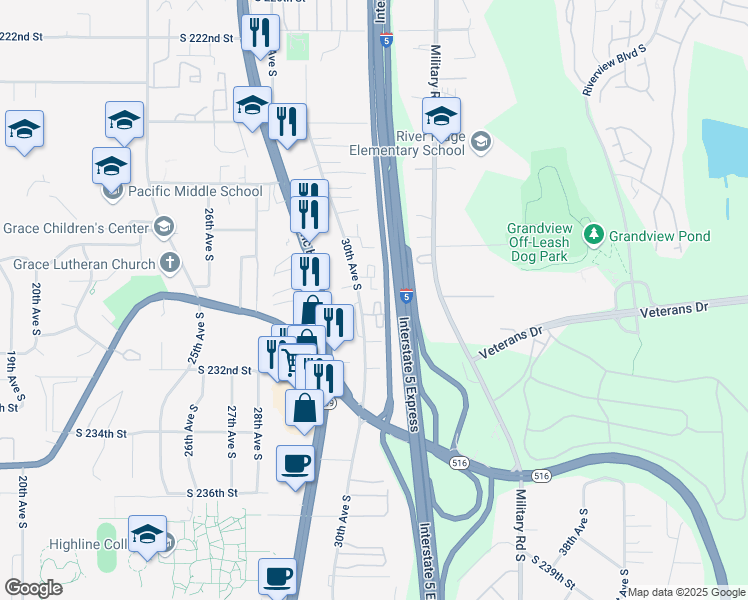 map of restaurants, bars, coffee shops, grocery stores, and more near 22921 30th Avenue South in Des Moines