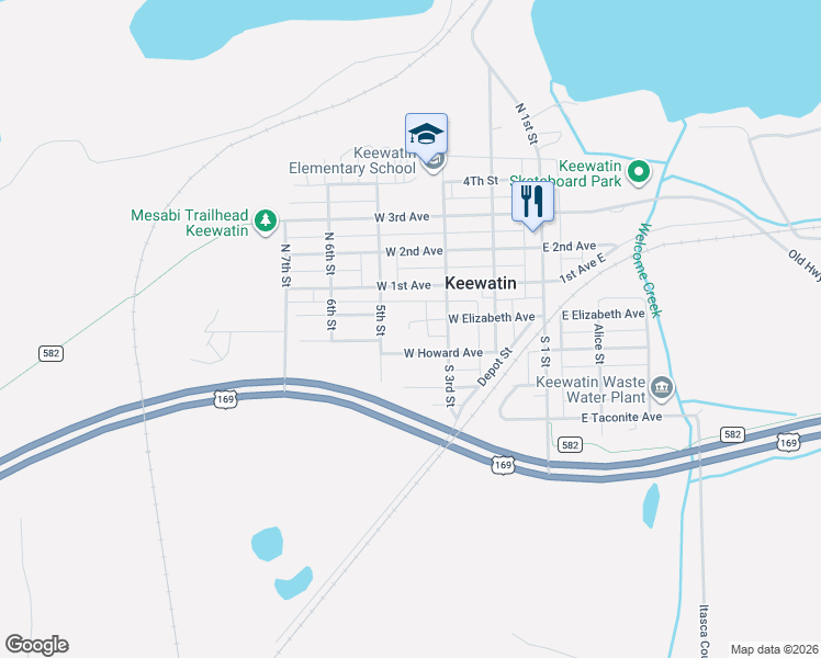 map of restaurants, bars, coffee shops, grocery stores, and more near 411 West Elizabeth Avenue in Keewatin