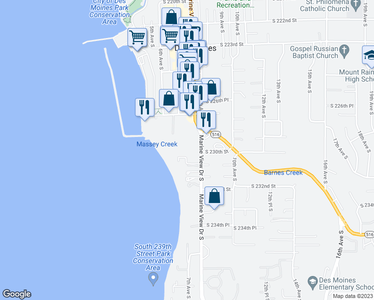 map of restaurants, bars, coffee shops, grocery stores, and more near 23009 Marine View Drive South in Des Moines