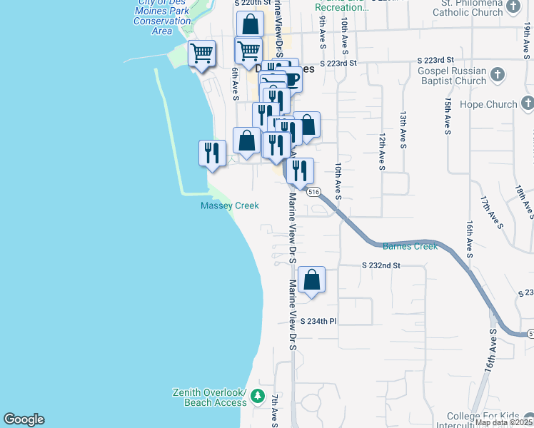 map of restaurants, bars, coffee shops, grocery stores, and more near 732 South 231st Street in Des Moines