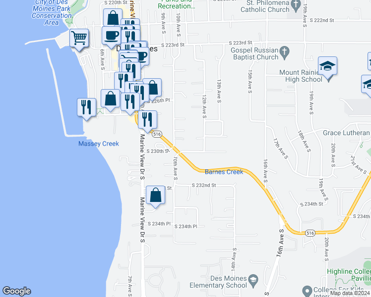 map of restaurants, bars, coffee shops, grocery stores, and more near 1022 South 230th Street in Seattle