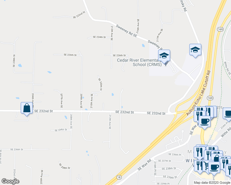 map of restaurants, bars, coffee shops, grocery stores, and more near 21224 Southeast 232nd Street in Maple Valley