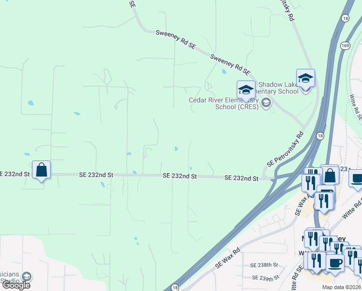 map of restaurants, bars, coffee shops, grocery stores, and more near 21224 Southeast 232nd Street in Maple Valley
